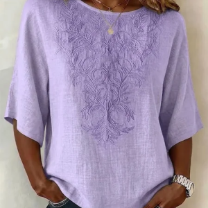 Women Plants Crew Neck Half Sleeve Blouse Printing Vintage Daily Summer Top, JustFashionNow Blouses, color:Purple|size:5XL