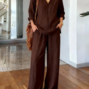 Women Plain Split Joint Two-Piece Set Daily Long Sleeve Casual Spring/Fall Top With Pants Matching Set, JustFashionNow Suit Set, color:Brown|size:3XL