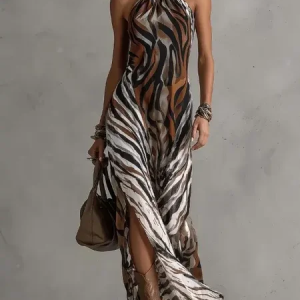 Vacation Animal Print Halter Neck Maxi Dress, Maxi Dresses, color:As Picture|size:XXL, Stylewe