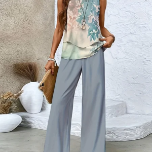 Women Plants Printing Two-Piece Set Daily Sleeveless Casual Summer Top With Pants Matching Set, JustFashionNow Suit Set, color:Gray|size:XXL