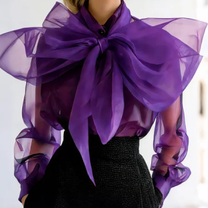 Elegant Plain Bow Blouse, Blouses and Shirts, color:Purple|size:XXL, Stylewe