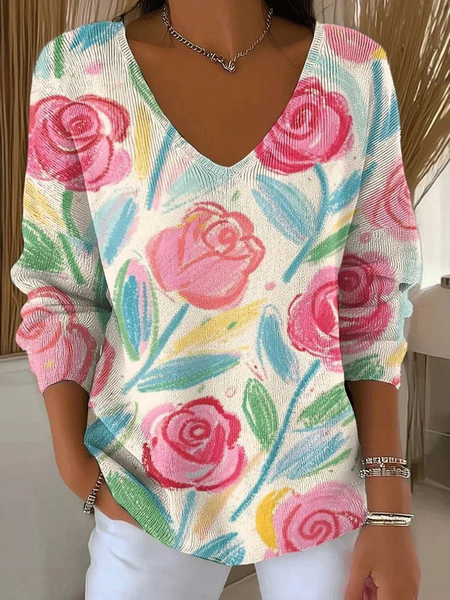 Women Floral Long Sleeve Tee T-shirt V Neck Printing Casual Spring/Fall Top, JustFashionNow T-Shirts, color:As Picture|size:4XL - Image 2
