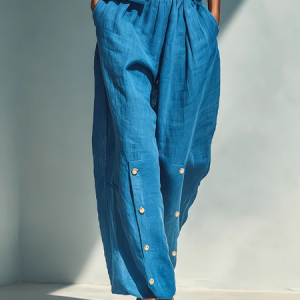Casual Plain Straight Cotton And Linen Pants, Pants, color:Blue|size:XXL, Stylewe