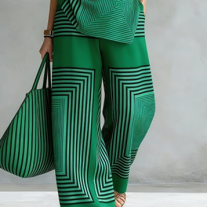 Plus Size Casual Striped Printing Wide Leg Pants, Plus Pants, color:Green|size:4X, Stylewe