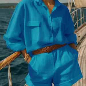 Women Plain Split Joint Two-Piece Set Daily Half Sleeve Casual Summer Top With Pants Matching Set, Sets, color:Lake Blue|size:3XL, catalog Noracora shop
