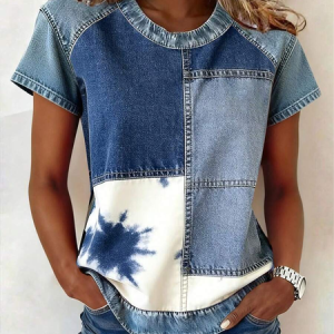 Women Faux Denim Print Graphic Short Sleeve Tee T-shirt Crew Neck Printing Vintage Summer Top, JustFashionNow T-Shirts, color:Blue|size:4XL