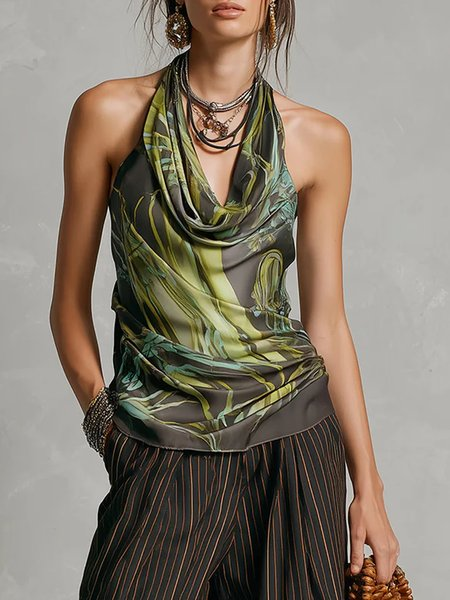 Urban Leaf Printing Cowl Neck Tank Top, Tanks and Camis, color:Green|size:XXL, Stylewe