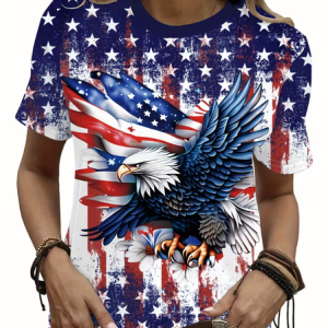 Women America Flag Short Sleeve Tee T-shirt Crew Neck Printing Casual Graphic Tee Summer Top, JustFashionNow T-Shirts, color:Blue|size:XXL