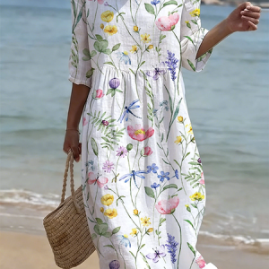 Women Floral Summer Printing Dress Crew Neck Half Sleeve H-Line Dress, Dresses, color:White|size:4XL, catalog Noracora shop
