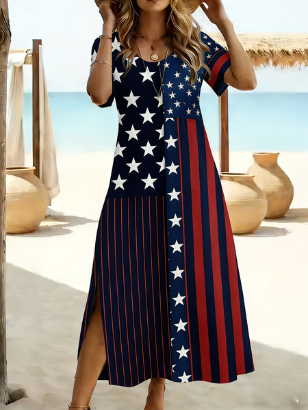 Women Independence Day (Flag) Short Sleeve Crew Neck Printing Dress Daily Casual Maxi T-Shirt Dress H-Line Summer Dress, JustFashionNow Casual Dresses, color:Black|size:4XL