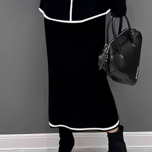 Plus Size Color Block Casual Sweater Skirt, Plus Skirts, color:Black-white|size:4X, Stylewe