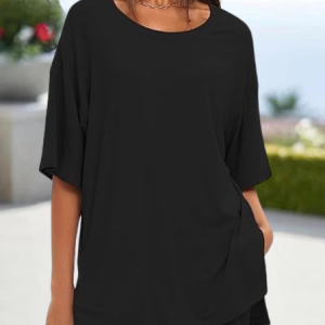 Women Plain Drawstring Two-Piece Set Daily Half Sleeve Casual Summer Top With Pants Matching Set, JustFashionNow Suit Set, color:Black|size:XXL