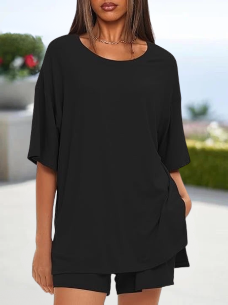 Women Plain Drawstring Two-Piece Set Daily Half Sleeve Casual Summer Top With Pants Matching Set, JustFashionNow Suit Set, color:Black|size:XXL