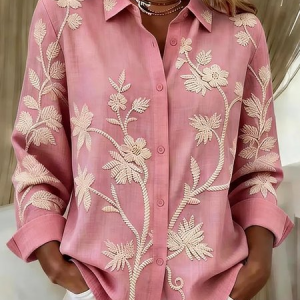 Women Floral Shirt Collar Long Sleeve Shirt Vintage Daily Spring/Fall Top, JustFashionNow Blouses, color:Pink|size:5XL