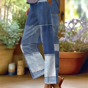Women Faux Denim Print Graphic Long Pants Casual Spring/Fall Trousers, JustFashionNow Pants, color:Blue|size:5XL