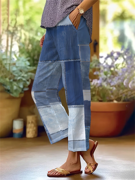 Women Faux Denim Print Graphic Long Pants Casual Spring/Fall Trousers, JustFashionNow Pants, color:Blue|size:5XL
