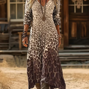 Women Leopard Long Sleeve V Neck Printing Dress Daily Vintage Maxi H-Line Spring/Fall Dress, JustFashionNow Casual Dresses, color:Brown|size:5XL