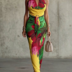 Elegant Floral Printing V Neck Maxi Dress, Maxi Dresses, color:As Picture|size:XXL, Stylewe