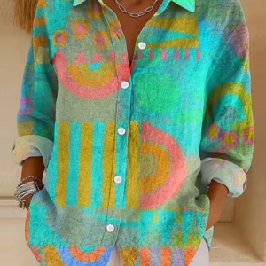 Women Abstract Shirt Collar Long Sleeve Shirt Buckle Regular Sleeve Casual Daily Spring/Fall Top, JustFashionNow Shirts, color:Green|size:XXL
