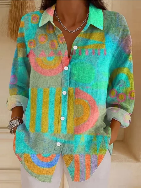Women Abstract Shirt Collar Long Sleeve Shirt Buckle Regular Sleeve Casual Daily Spring/Fall Top, JustFashionNow Shirts, color:Green|size:XXL