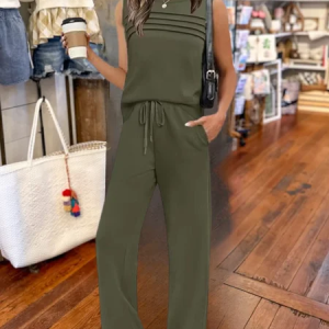 Women Plain Split Joint Two-Piece Set Daily Half Sleeve Casual Summer Top With Pants Matching Set, JustFashionNow Suit Set, color:Army Green|size:5XL