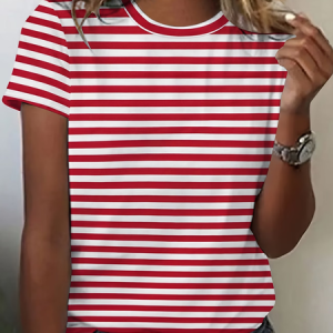 Women Striped Short Sleeve Tee T-shirt Crew Neck Printing Casual Graphic Tee Summer Top, JustFashionNow T-Shirts, color:Red|size:XXL