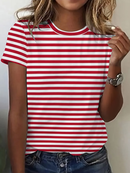 Women Striped Short Sleeve Tee T-shirt Crew Neck Printing Casual Graphic Tee Summer Top, JustFashionNow T-Shirts, color:Red|size:XXL