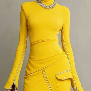 Casual Mock Neck T-Shirt Tight T-Line Long Sleeve Breathable Top, Tees, color:Yellow|size:XXL, Stylewe
