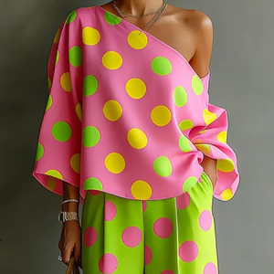 Vacation Polka Dots Printing Asymmetrical Blouse, Blouses and Shirts, color:Pink|size:XXL, Stylewe
