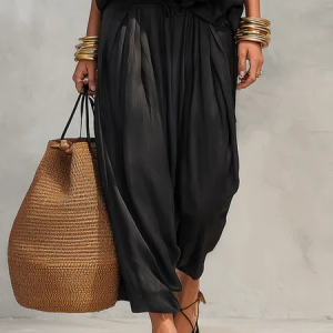 Cotton Vacation Plain Ankle Banded Pants, Pants, color:Black|size:XXL, Stylewe