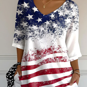 Women America Flag Three Quarter Sleeve Tee T-shirt V Neck Printing Casual Graphic Tee Spring/Fall Top, JustFashionNow T-Shirts, color:White|size:5XL