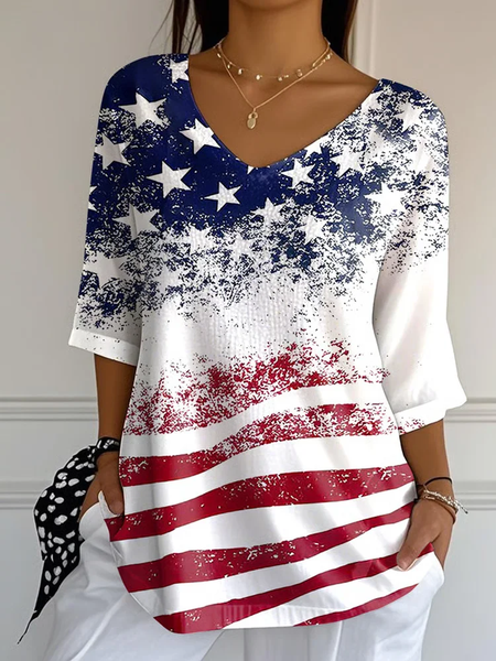 Women America Flag Three Quarter Sleeve Tee T-shirt V Neck Printing Casual Graphic Tee Spring/Fall Top, JustFashionNow T-Shirts, color:White|size:5XL