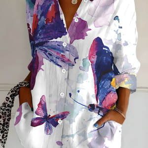 Women Butterfly Shirt Collar Long Sleeve Shirt Buckle Regular Sleeve Casual Daily Spring/Fall Top, JustFashionNow Shirts, color:White|size:XXL