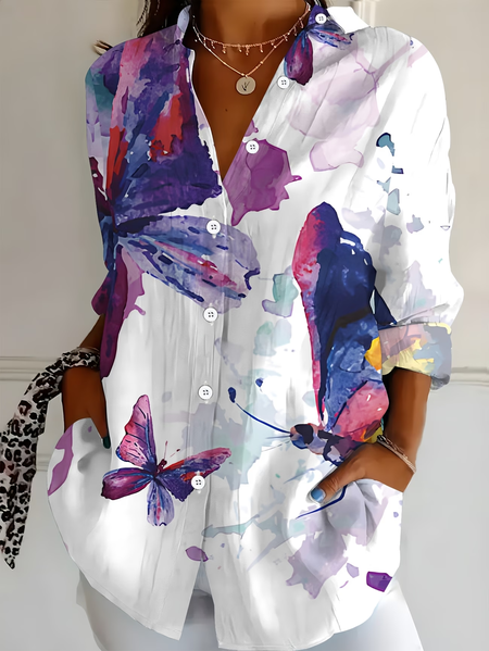 Women Butterfly Shirt Collar Long Sleeve Shirt Buckle Regular Sleeve Casual Daily Spring/Fall Top, JustFashionNow Shirts, color:White|size:XXL