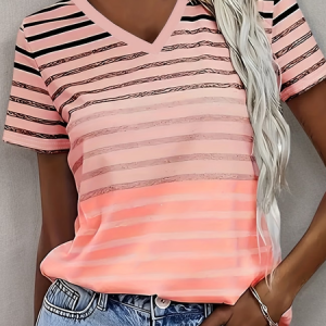 Women Striped Short Sleeve Tee T-shirt V Neck Printing Vintage Summer Top, JustFashionNow T-Shirts, color:Pink|size:4XL