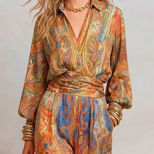 Elegant Paisley Blouse Puff Sleeve Shawl Collar Loose Vacation, Blouses and Shirts, color:As Picture|size:XXL, Stylewe