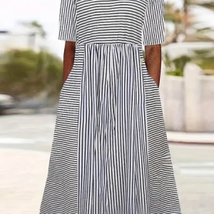Women Striped Short Sleeve Crew Neck Printing Dress Daily Casual Maxi Shift Dress H-Line Summer Dress, JustFashionNow Casual Dresses, color:White|size:4XL