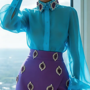 Elegant Plain Hot Drilling Shirt Collar Shirt, Blouses and Shirts, color:Blue|size:XXL, Stylewe