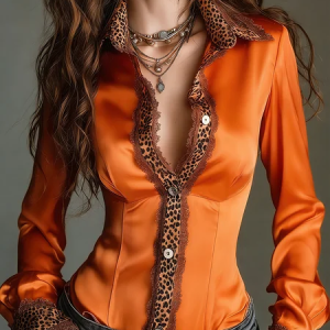 Satin Elegant Leopard Split Joint Shirt Collar Shirt, Blouses and Shirts, color:Orange|size:XXL, Stylewe
