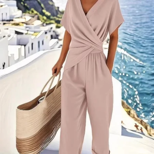 Women Plain Knot Two-Piece Set Daily Short Sleeve Casual Summer Top With Pants Matching Set, JustFashionNow Suit Set, color:Pink|size:3XL