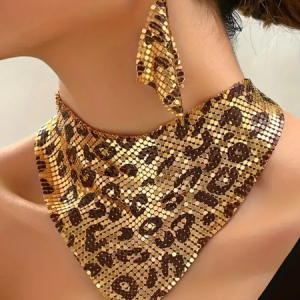 Leopard Print Sequined Triangular Scarf Necklace And Earrings Set - A Trendy And Unique Jewelry Set., Necklaces, color:Leopard|size:One-size, Stylewe