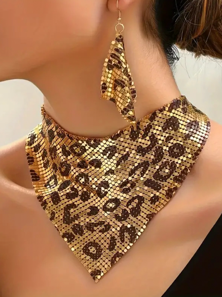 Leopard Print Sequined Triangular Scarf Necklace And Earrings Set - A Trendy And Unique Jewelry Set., Necklaces, color:Leopard|size:One-size, Stylewe