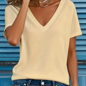 Women Plain Short Sleeve Tee T-shirt V Neck Printing Vintage Summer Top, JustFashionNow T-Shirts, color:Apricot|size:4XL