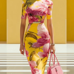 Urban Floral Printing Crew Neck Midi Dress No Belt, Midi Dresses, color:Yellow|size:XXL, Stylewe