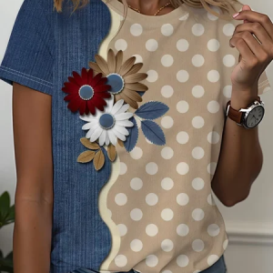 Women Polka Dots Short Sleeve Tee T-shirt Crew Neck Printing Casual Graphic Tee Summer Top, JustFashionNow T-Shirts, color:As Picture|size:XXL