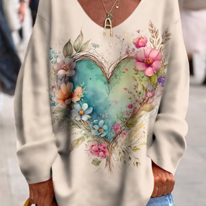 Women Floral Long Sleeve Tee T-shirt V Neck Printing Casual Spring/Fall Top, JustFashionNow T-Shirts, color:Apricot|size:4XL