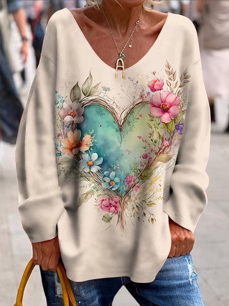 Women Floral Long Sleeve Tee T-shirt V Neck Printing Casual Spring/Fall Top, JustFashionNow T-Shirts, color:Apricot|size:4XL