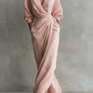 Vacation Plain V Neck Maxi Dress Belt, Maxi Dresses, color:Pink|size:XXL, Stylewe