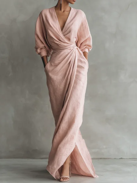 Vacation Plain V Neck Maxi Dress Belt, Maxi Dresses, color:Pink|size:XXL, Stylewe