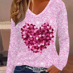 Women Heart/Cordate Long Sleeve Tee T-shirt V Neck Printing Casual Graphic Tee Spring/Fall Top, JustFashionNow T-Shirts, color:Pink|size:XXL